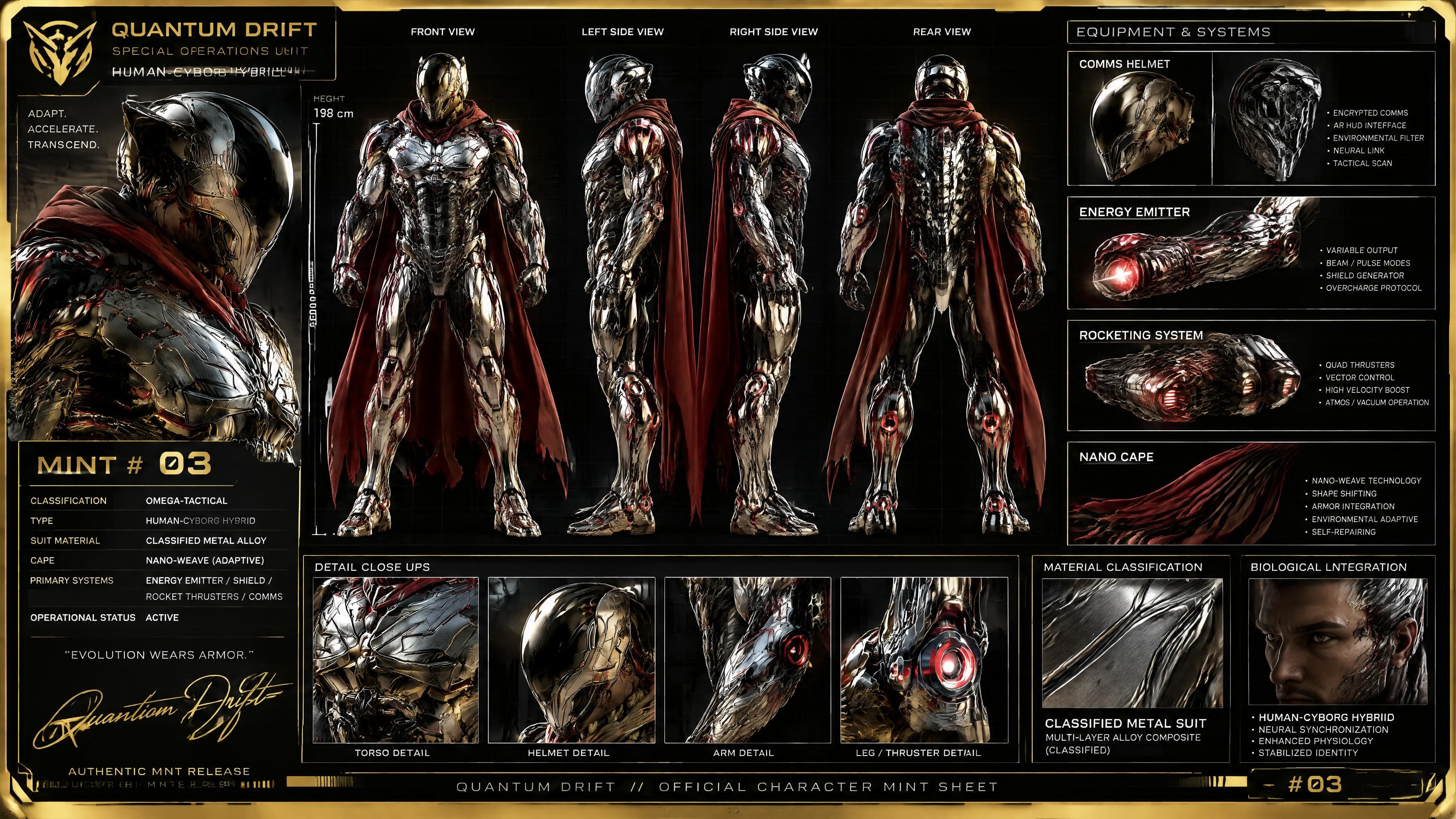 Quantum Drift character sheet reference with portrait, four character views, equipment, close-ups and a mint number