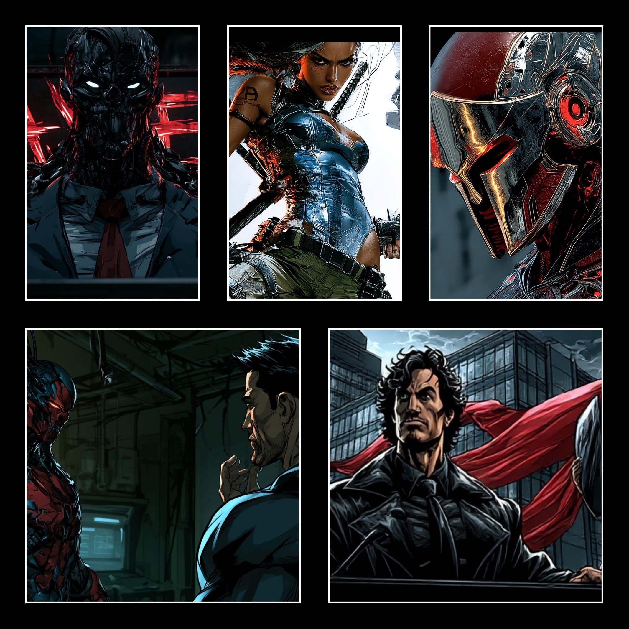 Quantum Drift characters: armored warriors, a rebel, and the figures behind the conflict