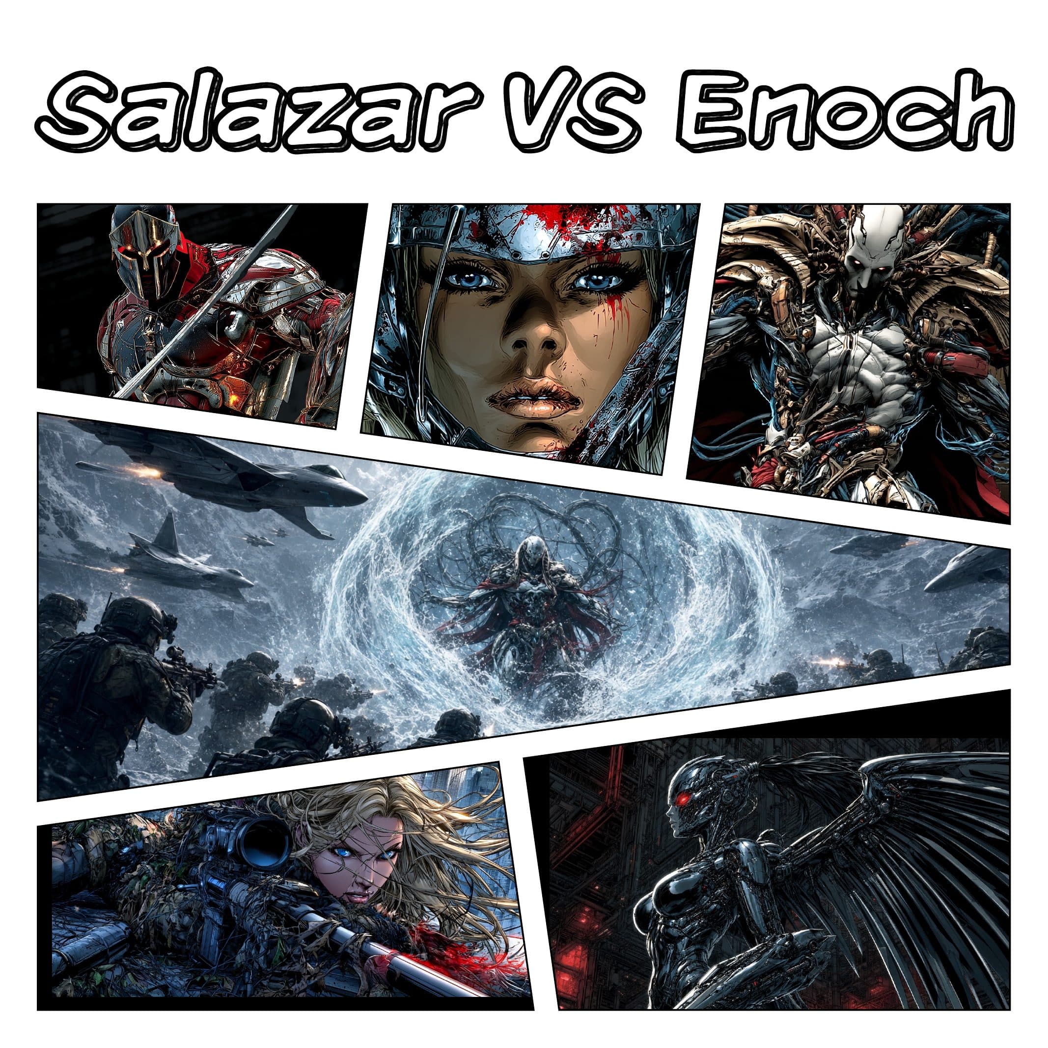 Salazar versus Enoch: a Quantum Drift comic page with armored characters and a battlefield