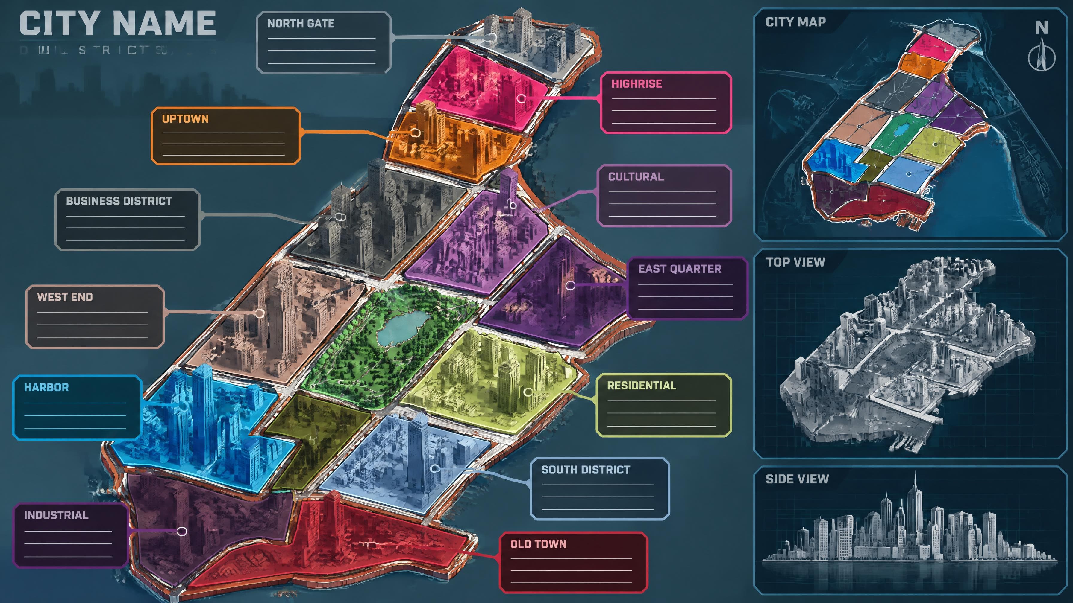 An illustrated overview of the Quantum Drift city districts